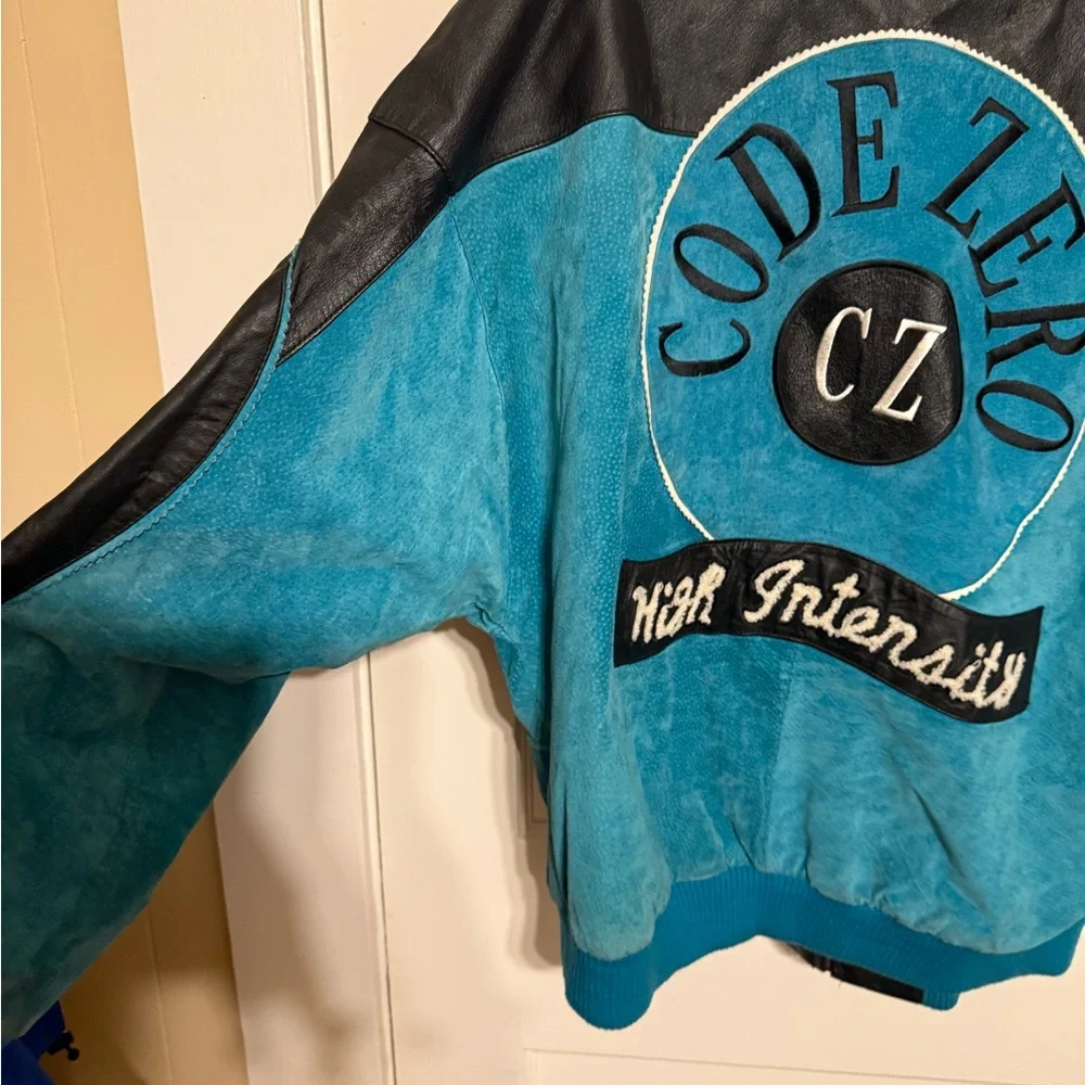 CODE ZERO 'High Intensity' Blue & Black Leather Bomber Jacket